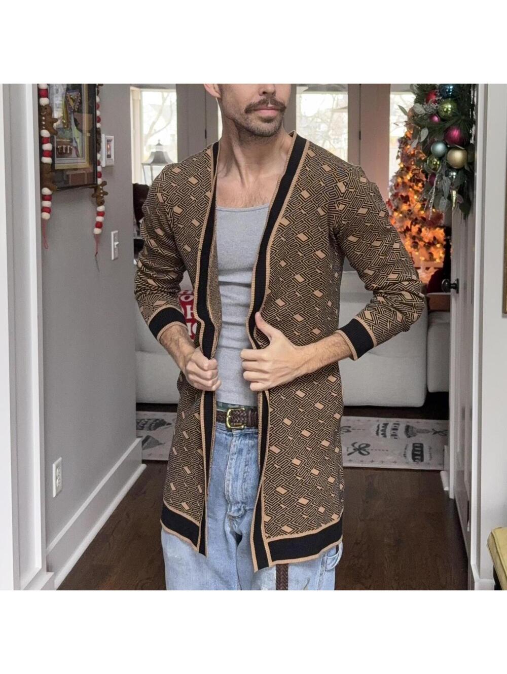 📌 GUESS Geometric Knit Duster Cardigan — Tan / Black — Women’s L